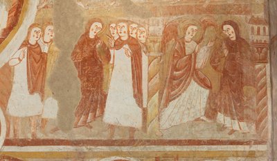 الكنيسة (Église Saint-Martin). الداخلية. اللوحات الجدارية (فريسكو). الجدار الغربي للصحن. التفاصيل. اتهام العذراء والبشارة. القرن الثاني عشر. بواسطة غير معروف