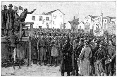 شرطي يحرس مراسلًا حكوميًا في خطة اجتماع الحملة ، أيرلندا ، 1887 بواسطة غير معروف