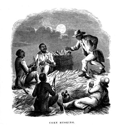 تقشير الذرة ، العمال السود ، تقشير الذرة ، جنوب الولايات المتحدة ، c1850 بواسطة غير معروف