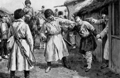 القوزاق يبحثون عن جواسيس يابانيين في قرية منشورية ، الحرب الروسية اليابانية ، 1904-1905 بواسطة غير معروف