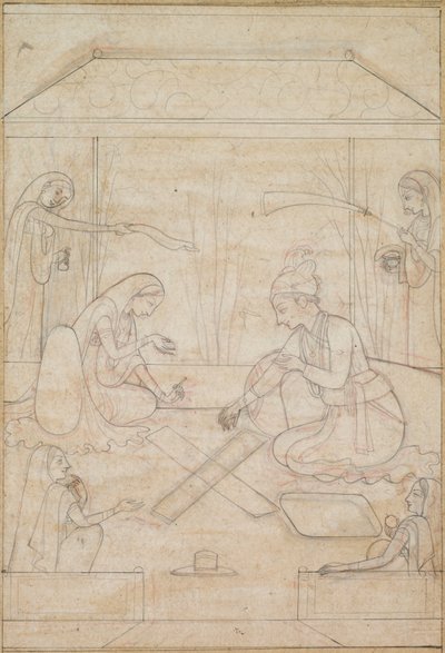 زوجان يلعبان تشوبار على شرفة ، ج. 1790-1800. بواسطة غير معروف