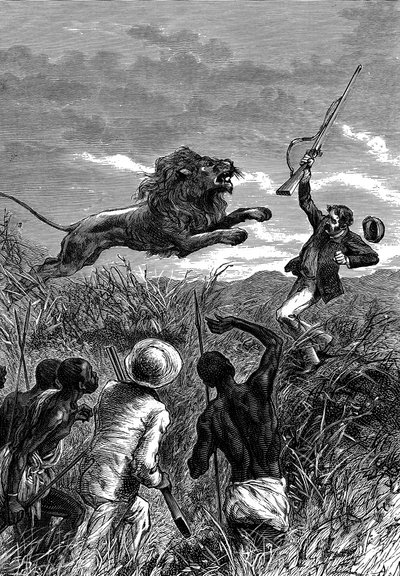 ديفيد ليفينغستون ، المبشر الاسكتلندي والمستكشف الأفريقي ، اتهمه أسد ، c1860 بواسطة غير معروف
