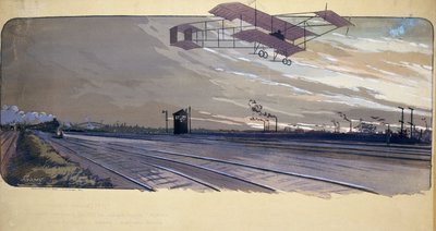 بداية الطيران: مر لويس بولهان (1884-1963) فوق مسار للسكك الحديدية على متن طائرته ذات السطحين خلال سباق الخط المستقيم 300 كيلومتر بين لندن ومانشستر في 27-28 أبريل 1910 بواسطة غير معروف