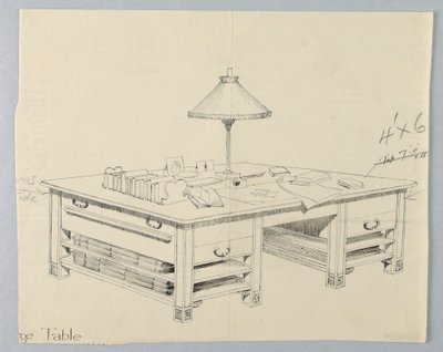 تصميم لطاولة تخزين مكتبة ضخمة مع رفين نقالة مفتوحين على كلا الجانبين ، 1900–05 بواسطة غير معروف