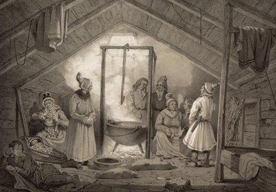 داخل مزرعة في فينمارك. رسم توضيحي مأخوذ من كتاب النرويج الذي أنتجه في رسومات Asbjørnsen، P.Chr. ونشره Chr. Tønsberg (رقم ، 1848) سامي يرتدي ملابس الأحد في غرفة المعيشة. «الأكواخ الخشبية (...) تحدث بشكل استثنائي فقط ، في Sölapperne بواسطة غير معروف