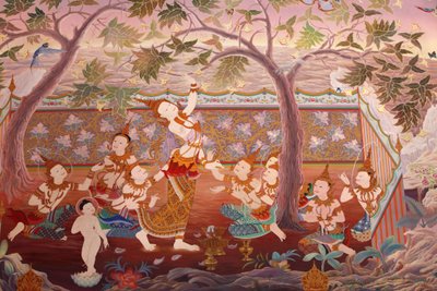 تفاصيل لوحة جدارية في Uposatha (قاعة الضريح) لمعبد Buddhapadipa ، ويمبلدون ، غراند بريتاني بواسطة غير معروف
