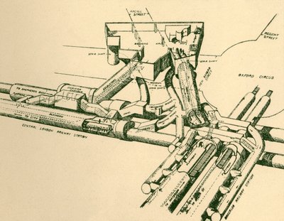 رسم تخطيطي لمحطة مترو الأنفاق الجديدة في سيرك أكسفورد ، 1930. بواسطة غير معروف
