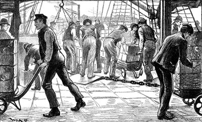 عمال الرصيف تفريغ الشاي في London Docks ، 1889 بواسطة غير معروف