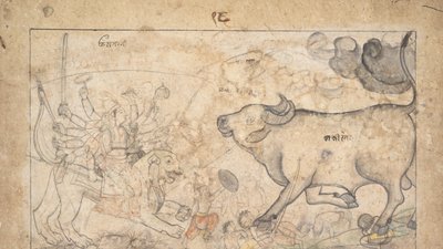 دورجا يواجه الجاموس شيطان ماهيشا: مشهد من ديفي مهاتمية ، كاليفورنيا. 1780. بواسطة غير معروف