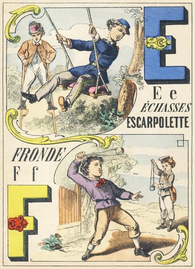 EF: echasses، escarpolette، fronde - Games Alphabet، c.1890 (رسم توضيحي) بواسطة غير معروف