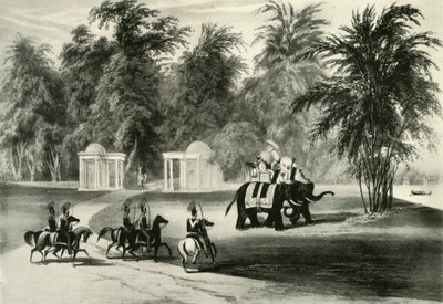 الفيلة والحرس الشخصي في حديقة باراكبور ، 1820 ، 1925. بواسطة غير معروف