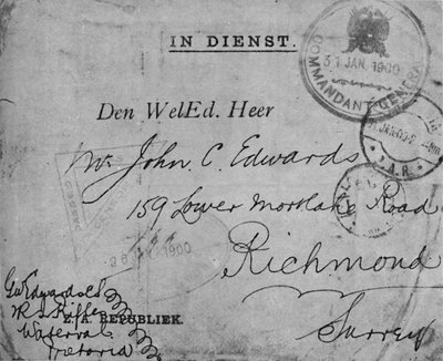مظروف موجه بواسطة Color-Sergeant Edwards ، البنادق الملكية الأيرلندية الثانية ، 1900 بواسطة غير معروف