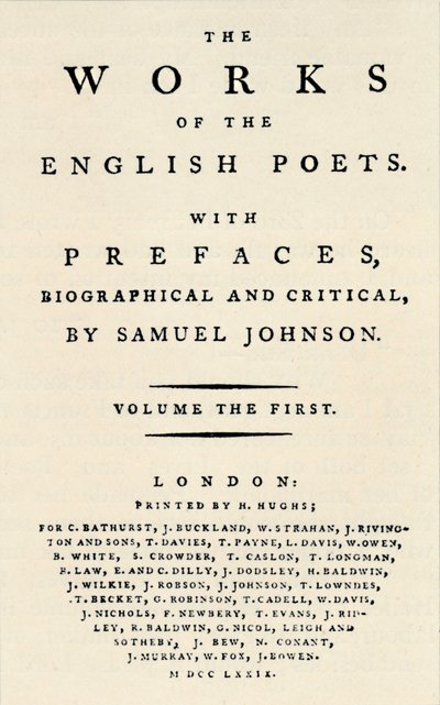 صفحة عنوان الفاكس في الطبعة الأولى من كتاب "أعمال الشعراء الإنجليز" ، تحتوي على Johnsons بواسطة غير معروف