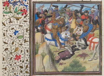 قتال بين المسيحيين والمسلمين تحت صلاح الدين الأيوبي. صورة مصغرة من الهستوريا بواسطة ويليام صور ، 1460 بواسطة غير معروف