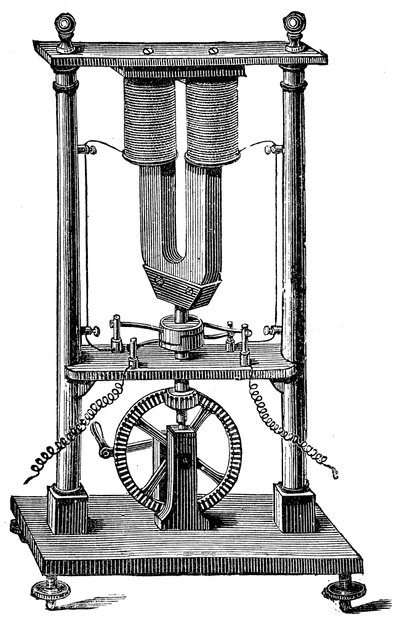 أول محرك كهربائي مغناطيسي تم بناؤه بواسطة Hippolyte Pixii ، c1832 c1890 بواسطة غير معروف