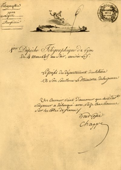 أول برقية برقية من ليون ، 4 مارس 1815 ، 1921. بواسطة غير معروف