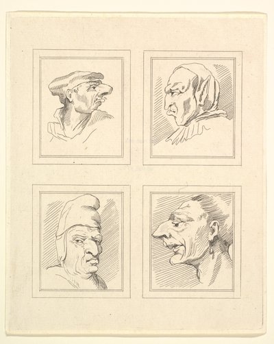 أربعة رؤوس من Characaturas بقلم ليوناردو دا فينشي ، من رسومات Wincelslaus Hollar ، o ... ، 1786. بواسطة غير معروف