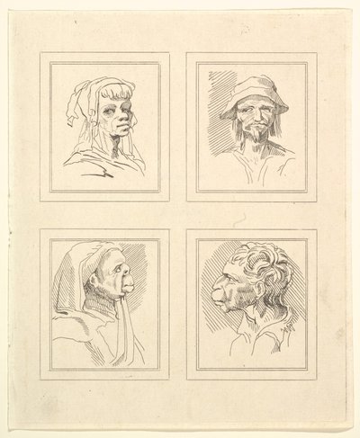 أربعة رؤوس من Characaturas بقلم ليوناردو دا فينشي ، من رسومات Wincelslaus Hollar ، o ... ، 1786. بواسطة غير معروف