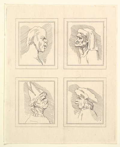 أربعة رؤوس من Characaturas بقلم ليوناردو دا فينشي ، من رسومات Wincelslaus Hollar ، o ... ، 1786. بواسطة غير معروف