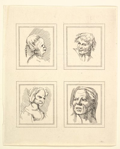 أربعة رؤوس من Characaturas بقلم ليوناردو دا فينشي ، من رسومات Wincelslaus Hollar ، o ... ، 1786. بواسطة غير معروف