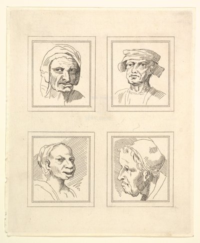 أربعة رؤوس من Characaturas بقلم ليوناردو دا فينشي ، من رسومات Wincelslaus Hollar ، o ... ، 1786. بواسطة غير معروف
