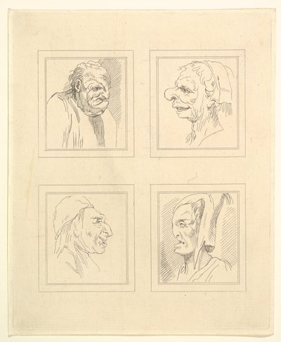 أربعة رؤوس من Characaturas بقلم ليوناردو دا فينشي ، من رسومات Wincelslaus Hollar ، o ... ، 1786. بواسطة غير معروف