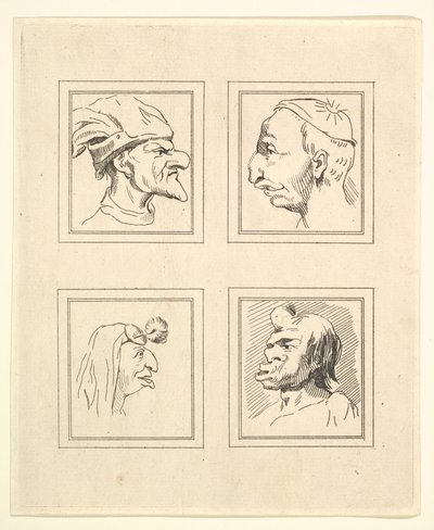 أربعة رؤوس من Characaturas بقلم ليوناردو دا فينشي ، من رسومات Wincelslaus Hollar ، o ... ، 1786. بواسطة غير معروف
