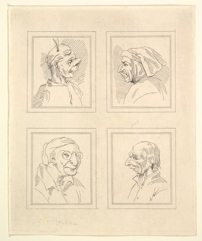 أربعة رؤوس من Characaturas بقلم ليوناردو دا فينشي ، من رسومات Wincelslaus Hollar ، o ... ، 1786. بواسطة غير معروف