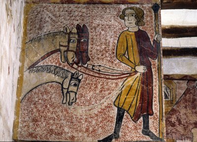 Fresco of the Ferrande Tower in Pernes-les-Fontaines (Pernes les Fontaines, Vaucluse (84) of the 13th century: A Palefrenier holding the queens of three horses. بواسطة غير معروف