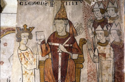 Fresco of the Ferrande Tower in Pernes-les-Fontaines (Pernes les Fontaines, Vaucluse (84)) from the 13th century: Charles I of Anjou (1226-1285) was invested in the Kingdom of Sicily on 28/06/1265 by Pope Clement IV (v. 1195-1268). بواسطة غير معروف