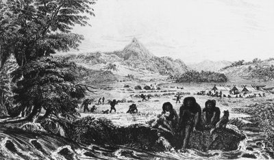 Fuegians في Woollya ، مع معسكر بعثات Fitzroy في الخلفية ، 1831 1839 بواسطة غير معروف