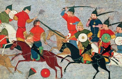غنغس خان في القتال. صورة مصغرة لجامي الطواريخ التاريخ العالمي ، 1430 هـ بواسطة غير معروف