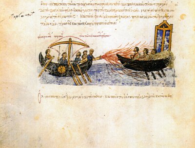 النار اليونانية. صورة مصغرة من مدريد Skylitzes ، القرنين 11 و 12 بواسطة غير معروف