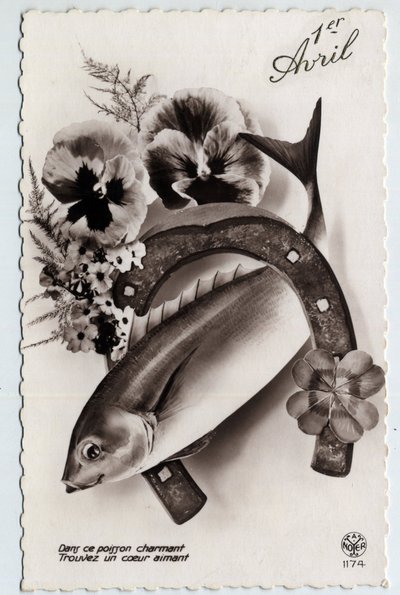 Greeting card for April 1st: a fish, a horseshoe, a four-leaf trefle and thoughts - Postcard late 19th-20th century بواسطة غير معروف