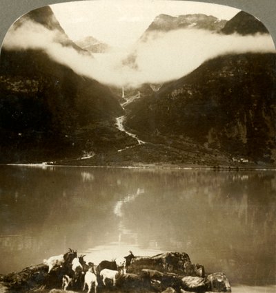 الجليديات الجليدية تتلألأ فوق السحب المنجرفة ، عبر البحيرة الهادئة Olden ، النرويج ، c1905. بواسطة غير معروف