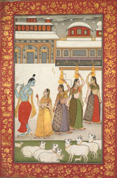 Gujari Ragini Krishna مع Gopis عزف الناي ، من سلسلة Ragamala ، في منتصف القرن الثامن عشر. بواسطة غير معروف