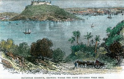 ميناء هافانا ، يوضح مكان إطلاق النار على الغزاة الخمسين ، كوبا ، c1880 بواسطة غير معروف