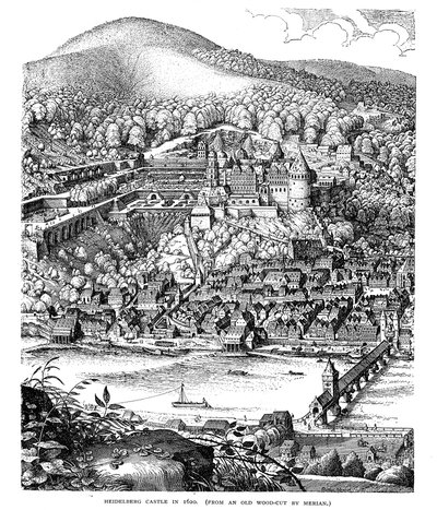 قلعة ومدينة هايدلبرغ التي تم عرضها عبر نهر نيكار ، ألمانيا ، عام 1620 بواسطة غير معروف