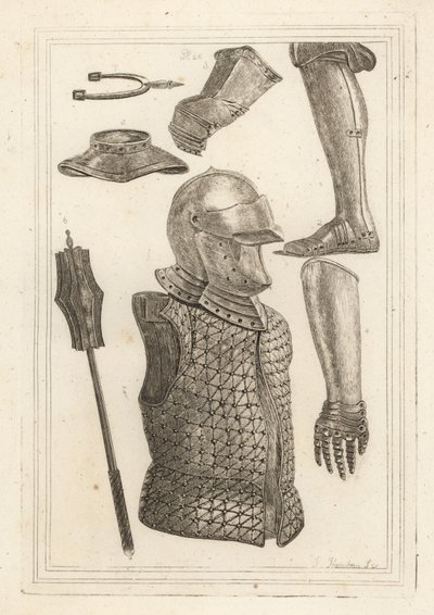 خوذة و brigandine 1 ، greave الحديدي أو درع الساق 2 ، القفاز الذي ينتمي إلى John of Gaunt 3 ، القفاز الحديدي 4 ، gorget 5 ، Iron mace 6 ، العتيقة الحديد pryck spur 7 بواسطة غير معروف