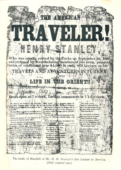 اكتشف Henry M.Stanley ، Handbill من Lecture Tour في أمريكا ، في سن 31 ، Dr.Livingstone في إفريقيا بواسطة غير معروف