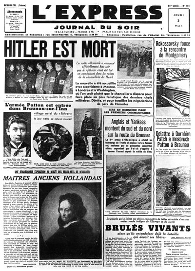 هتلر ميت ، الصفحة الأولى من صحيفة LExpress ، 3 مايو 1945 بواسطة غير معروف