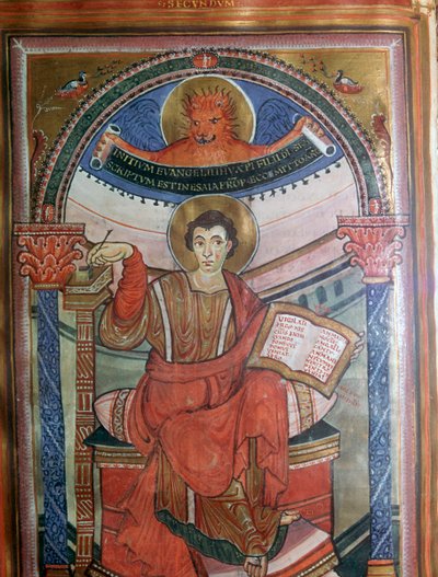 رسم توضيحي للقديس مرقس يحمل إنجيله ، القرن الثامن بواسطة غير معروف