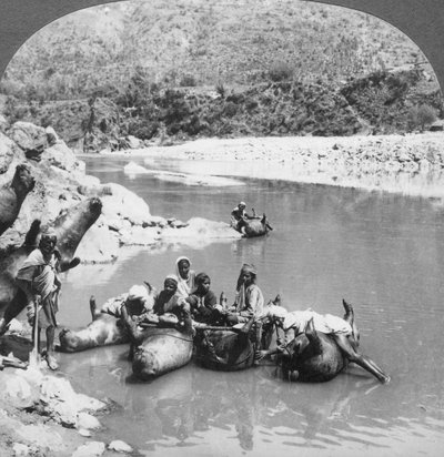 جلود الثور المنتفخة المستخدمة كقوارب العبارات على نهر Sutlej ، البنجاب ، الهند ، c1900s بواسطة غير معروف
