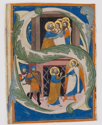 حرف S الأولي مع القديس بطرس المحرّر من السجن ، النصف الأول من القرن الرابع عشر. بواسطة غير معروف