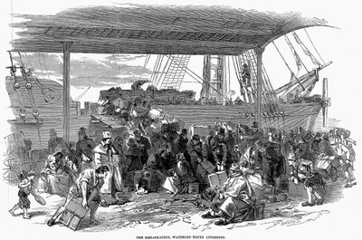 المغتربون الأيرلنديون في طريقهم إلى أمريكا في واترلو دوكس ، ليفربول ، 1850 بواسطة غير معروف