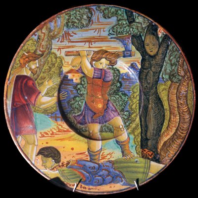 طبق من الخزف الإيطالي ، Erysichthon يقطع شجرة في بستان من Ceres ، القرن السادس عشر بواسطة غير معروف