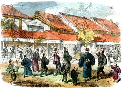 لعبة قتال يابانية وكرة الريشة في شوارع يوكوهاما ، 1865 بواسطة غير معروف