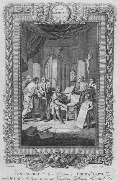 الملك ألفريد الكبير ، تشكيل مدونة قوانين ، وتقسيم المملكة إلى مقاطعات ، c1787 بواسطة غير معروف