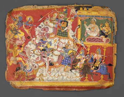 كريشنا يحارب جيوش شيطان ناراكا: صفحة من مخطوطة بهاجافاتا بورانا ، كاليفورنيا. 1540. بواسطة غير معروف
