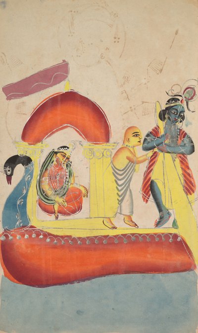 Krishna Ferrying Radha عبر نهر Yamuna ، القرن التاسع عشر. بواسطة غير معروف